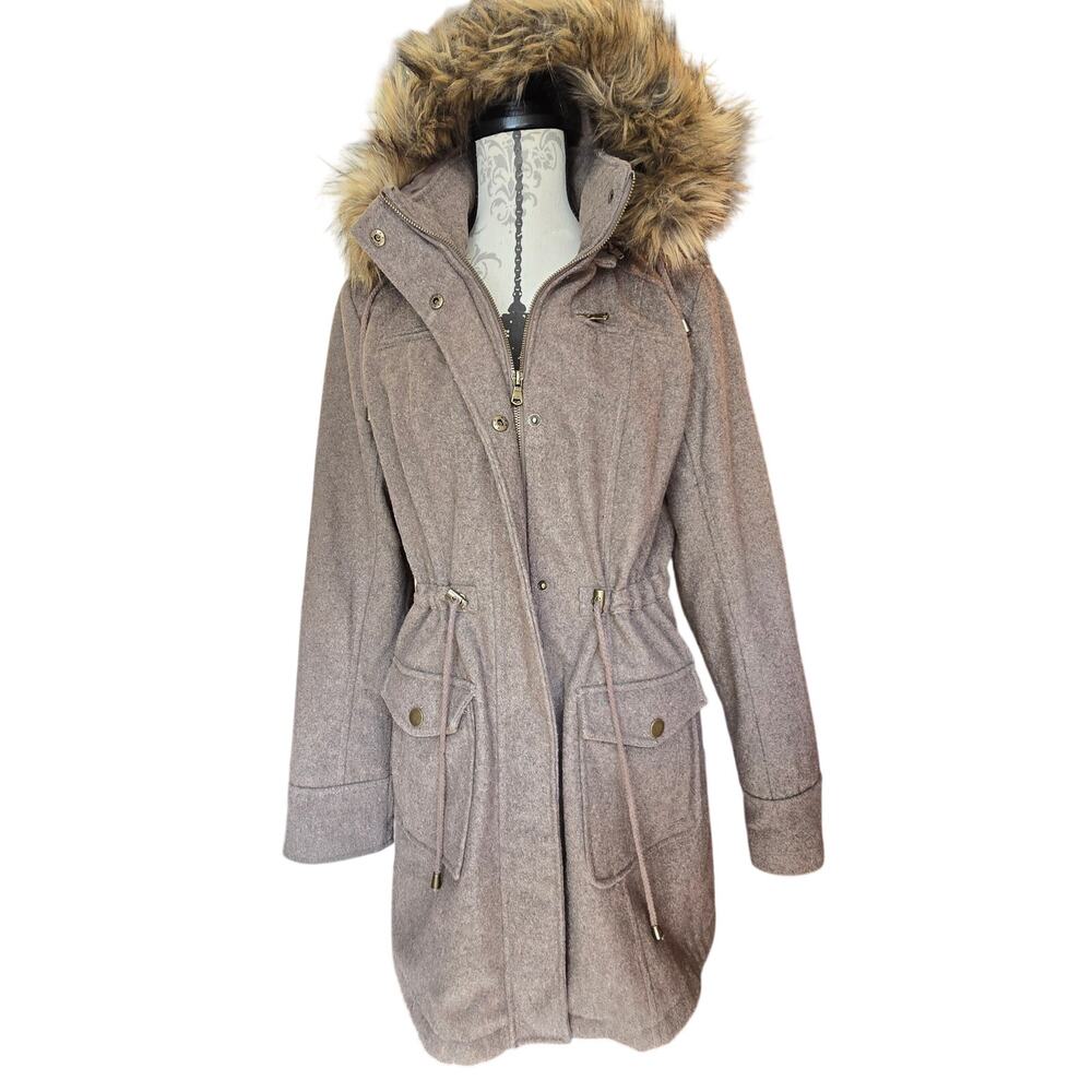 Y2k Style Faux Fur Trim Wool Blend New York and Co Jacket Size M Brown